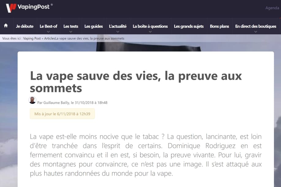 Article "La vape sauve des vies" sur "Vaping Post".