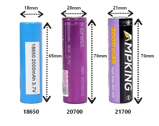 Les différents formats d'accus pour cigarettes électroniques.